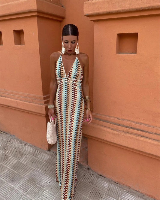 Charlotte - Elegant Halter Neck Striped Maxi Dress
