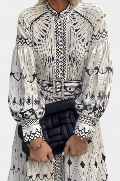 Soria | Embroidered Folk Print Button Maxi Dress