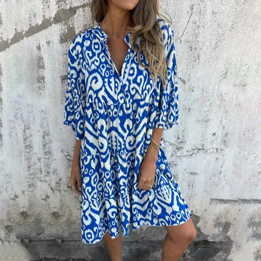 Marilyn - Printed V-Neck Dress with Three-Quarter Sleeves