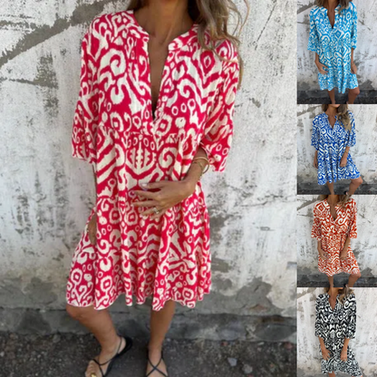 Marilyn - Printed V-Neck Dress with Three-Quarter Sleeves
