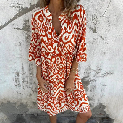 Marilyn - Printed V-Neck Dress with Three-Quarter Sleeves