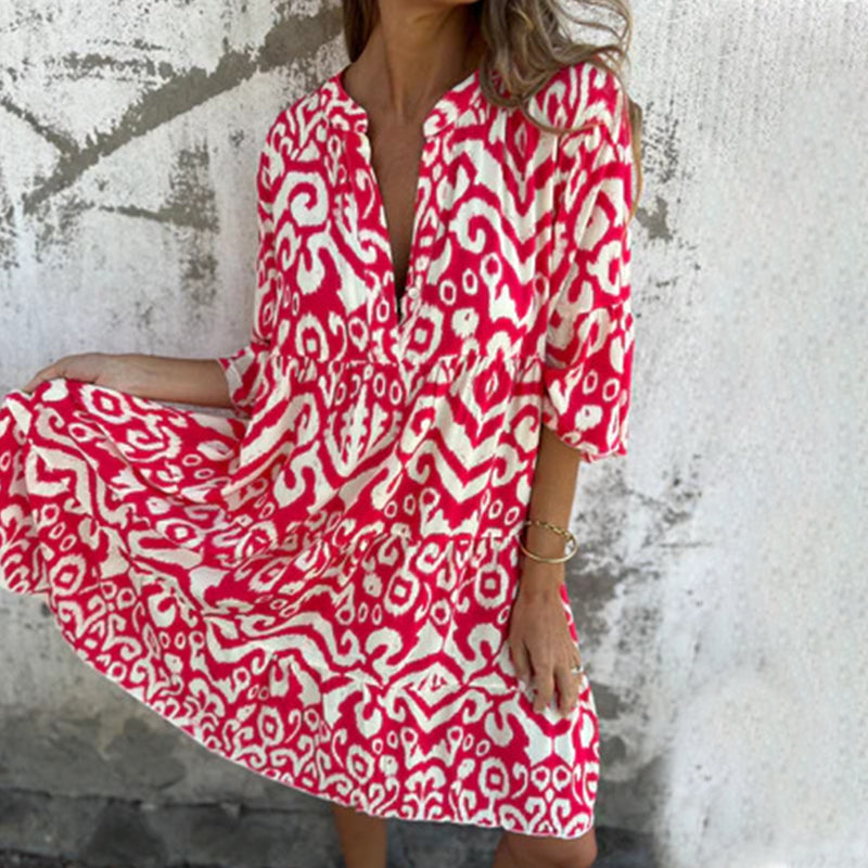 Marilyn - Printed V-Neck Dress with Three-Quarter Sleeves