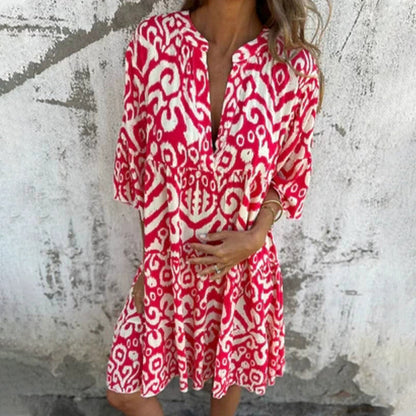 Marilyn - Printed V-Neck Dress with Three-Quarter Sleeves