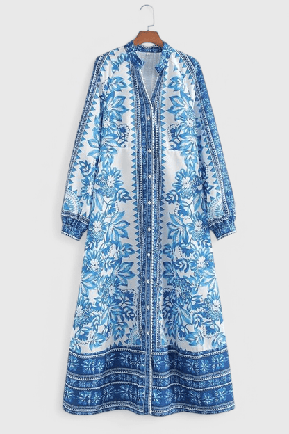 Unique | Print Button Down Long Sleeve Shirt Maxi Dress