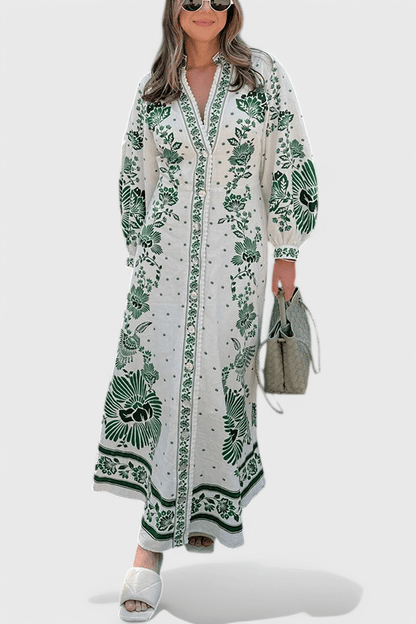 Unique | Print Button Down Long Sleeve Shirt Maxi Dress